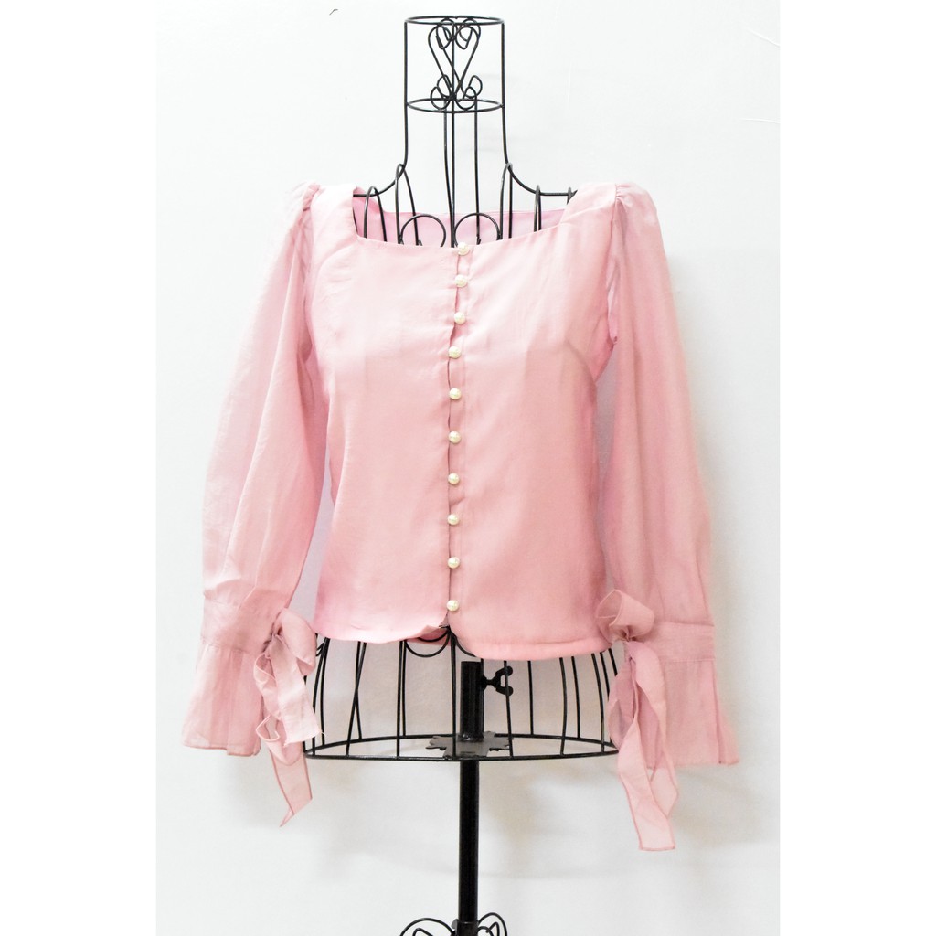 Áo sơ mi croptop cổ vuông tay dài thắt nơ, may 2 lớp (BT053)