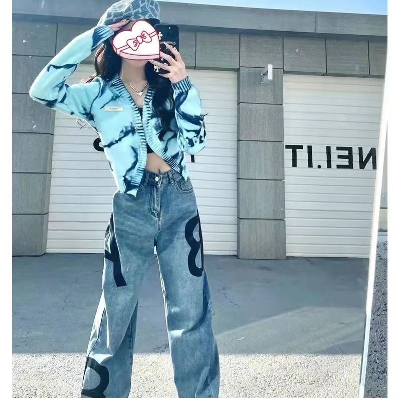 American street High Street AB style letter jeans women's summer loose high waist slimming straight wide leg mop pants trendy M5tV