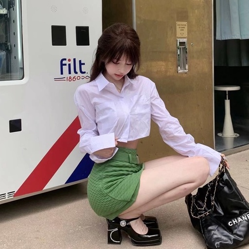 Set Áo Sơ Mi Trắng Tay Dài Hở Eo + Chân Váy Ngắn Lưng Cao Ôm Dáng Thời Trang Hàn Quốc Cho Nữ