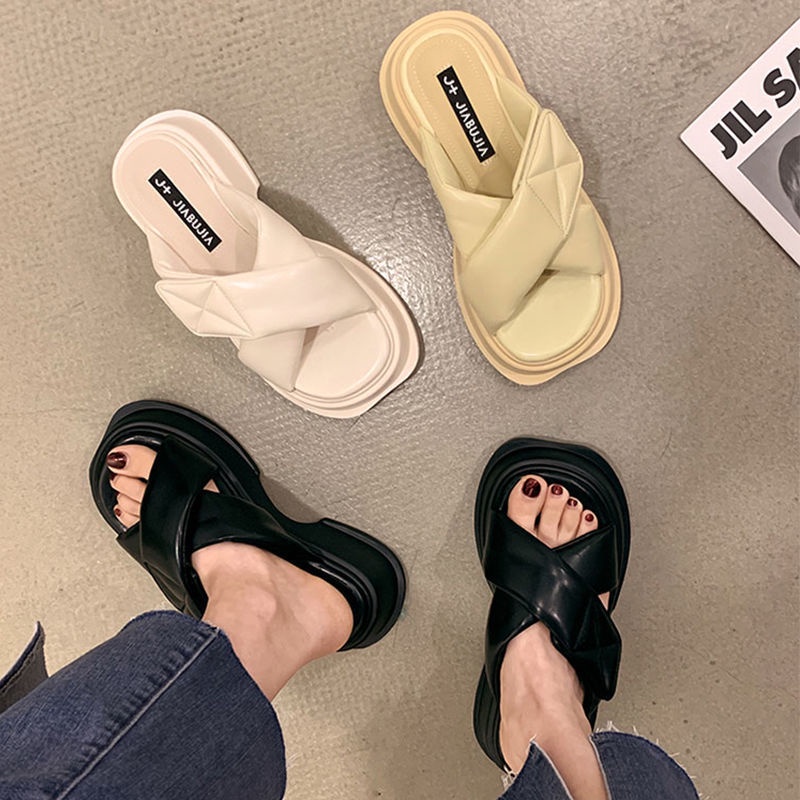 Jiashucheng Dép Sandal Đế Dày Mũi Vuông Quai Chéo Thời Trang Mùa Hè Cho Nữ
