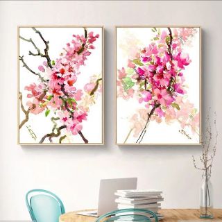 Hoa anh đào màu nước trên tranh canvas 40x60 kèm khung