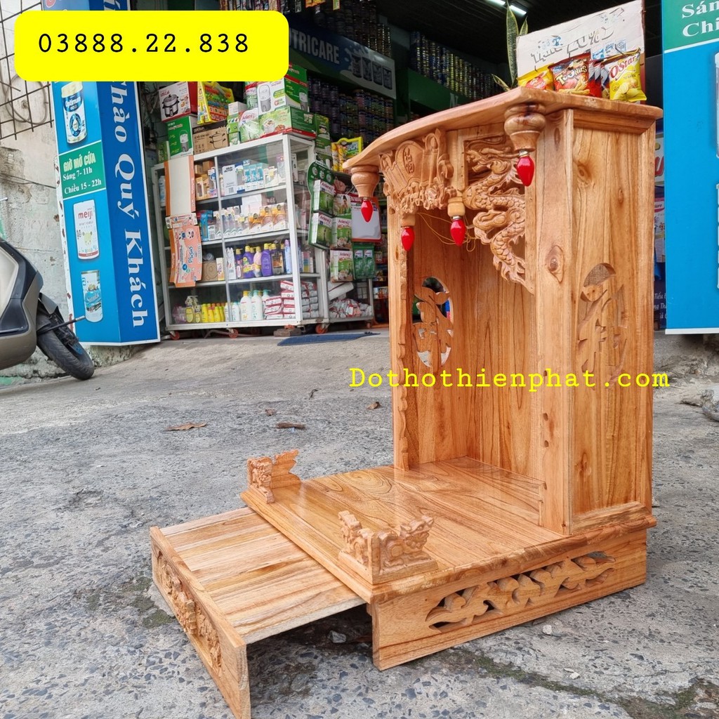 Bàn thờ thần tài ông địa gỗ xoan ngang 38 cm lọng mẫu mới