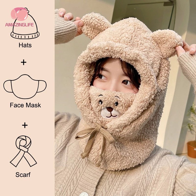Mũ Trùm Đầu Kèm Khăn Choàng Cổ Bằng Lông Cừu / Mặt Nạ Hình Gấu Hoạt Hình Dễ Thương Chống Gió Giữ Ấm Mù