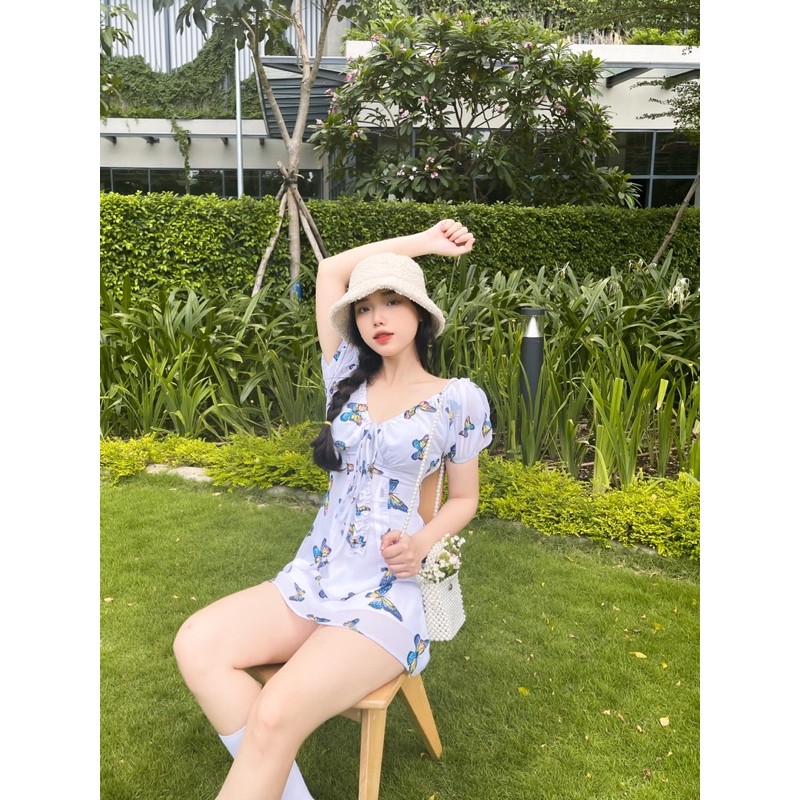 MONÁ - Đầm dáng suông trắng trắng cột nơ chất chiffon họa tiết bướm - MARI DRESS