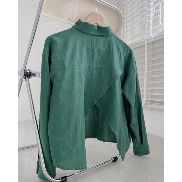 Áo Sơ Mi nữ  đũi xẻ lưng sau, Áo sơ mi nữ tay dài dáng croptop xẻ lưng 2 màu trắng xanh - Hàng có sẵn