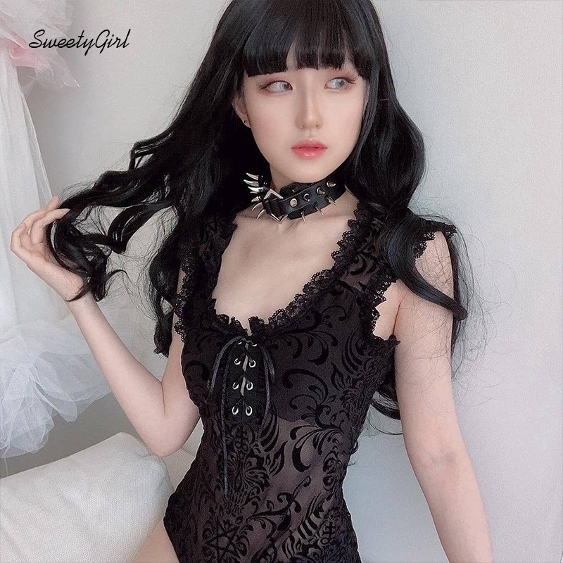 Áo liền quần dáng ôm không tay cổ chữ U phối ren màu trơn thời trang dành cho nữ