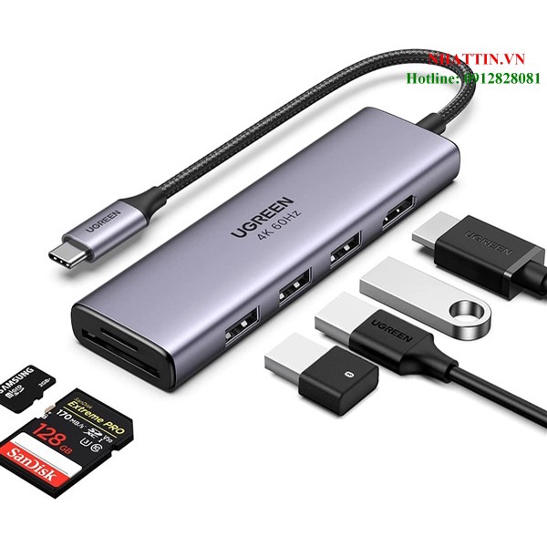 Thiết bị mở rộng 6 in1 USB type-C to HDMI/ Hub USB 3.0/ SD/TF chính hãng Ugreen 60383 cao cấp