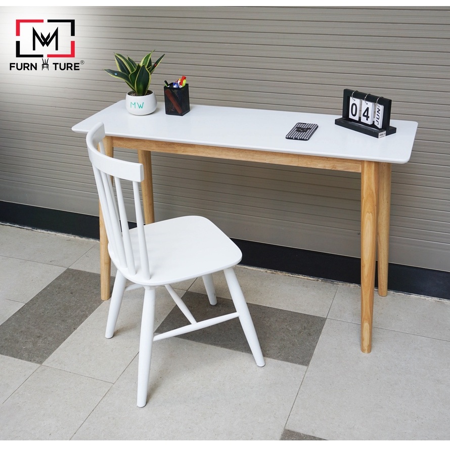 Bàn làm việc gỗ tự nhiên mặt trắng kiểu hàn quốc - Long table có vạt thương hiệu MW FURNITURE - Nội thất căn hộ