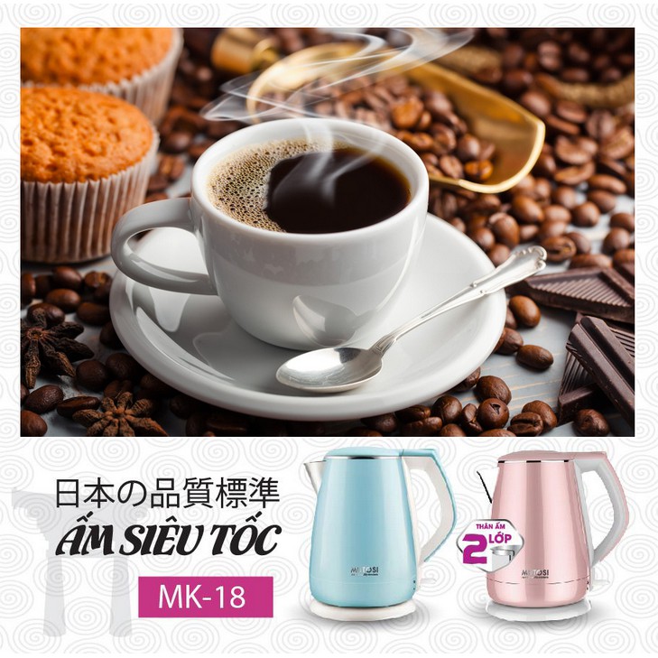 Ấm đun siêu tốc Mutosi MK-18 (hồng), 1.5L, thân ấm 2 lớp cách nhiệt siêu bền, công nghệ Nhật Bản, bảo hành 24 tháng