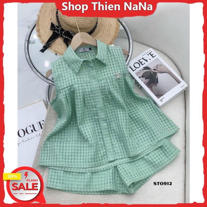 Set Bộ Nữ , Set Áo Sơ Mi Tay Cộc Tiếp Viên Mix Quần Đùi Chất Thô Y Mẫu 2 Lớp Hàng Chuẩn Shop
