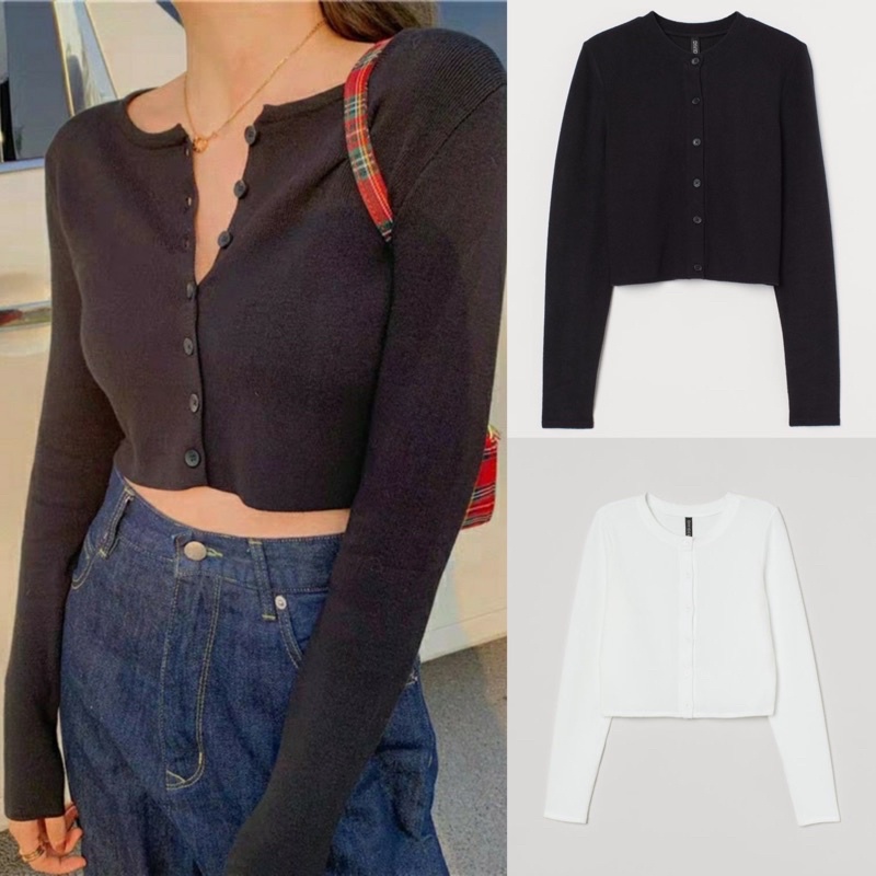 Áo cardigan dệt kim cổ tròn HM chính hãng dáng croptop