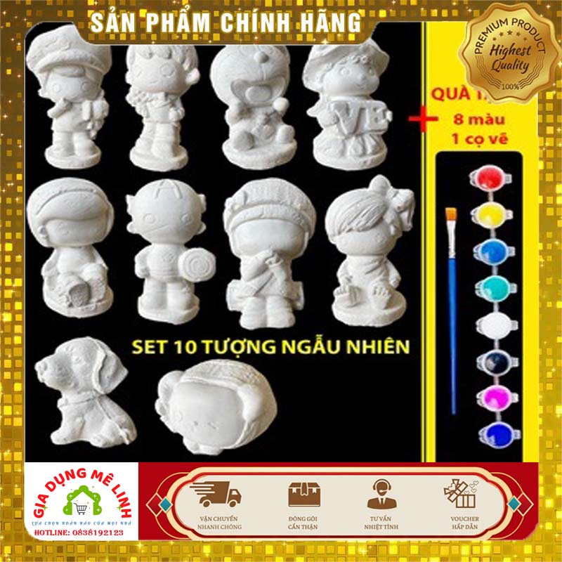 Bộ Tượng Tô Màu, Thạch Cao Cho Bé Combo 10 Tượng Kèm Cọ Vẽ, Hộp Màu