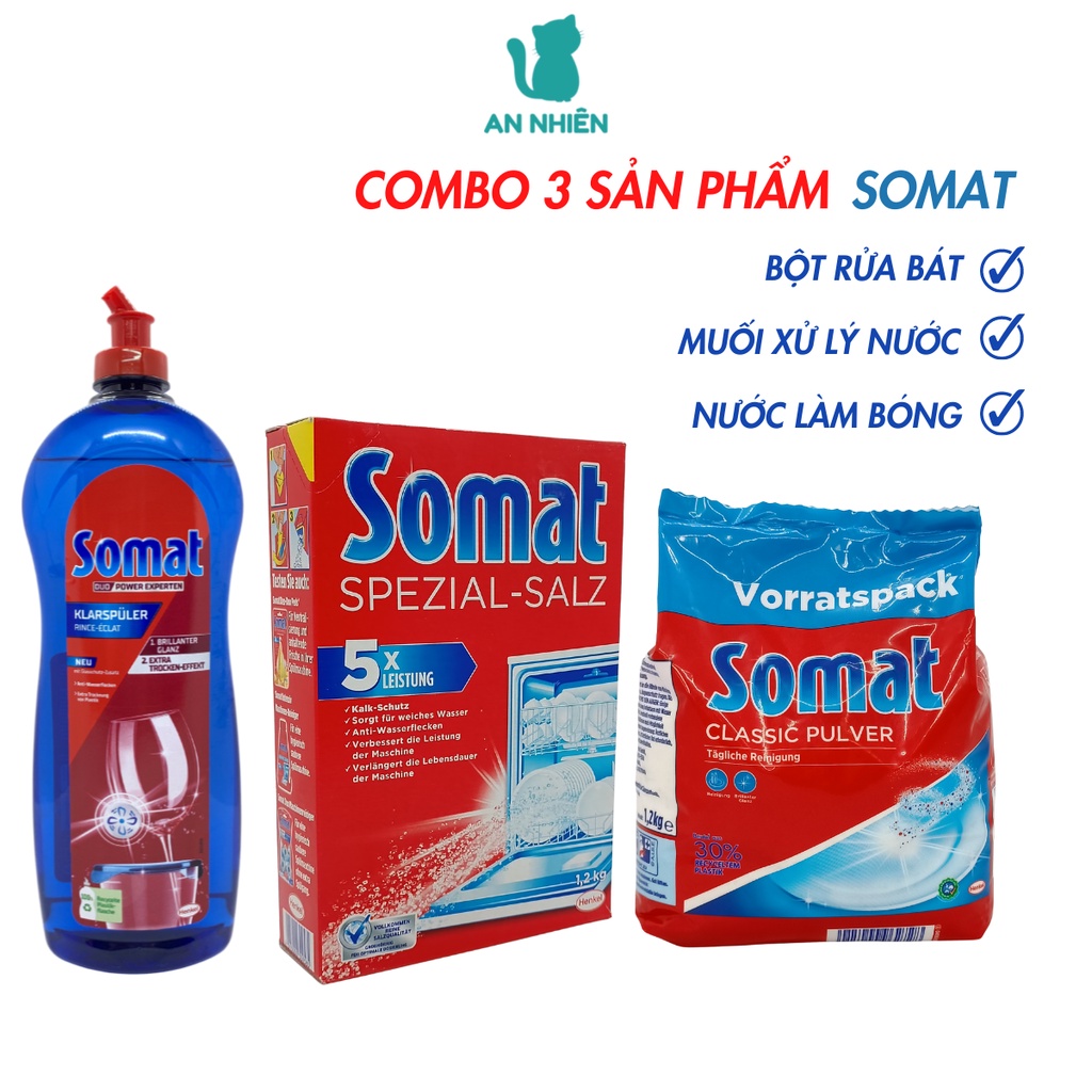 Combo 3 sản phẩm rửa bát Somat, bột rửa bát Somat 1,2 kg, muối rửa bát Somat 1,2 kg, nước làm bóng bát Somat 750 ml