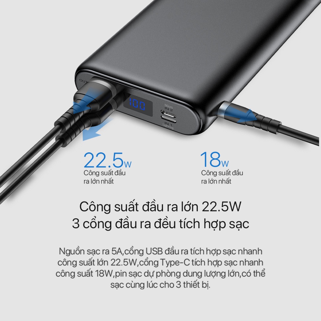 Pin Sạc Dự Phòng VIVAN 20.000mAh Quick Charge 3.0 22.5W 3 Output &amp; 3 Input VPB-H20S Hàng Chính Hãng Bảo Hành 12 Tháng