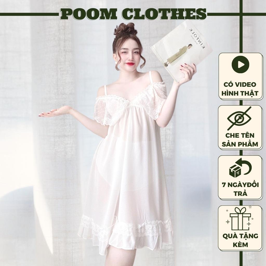 Váy Ngủ Sexy Gợi Cảm Vải Chiffon Cao Cấp POOM Clothes Đầm Ngủ Sexy Phối Ren Bẹt Vai Chất Mềm Mịn Thoáng Mát FreeSize