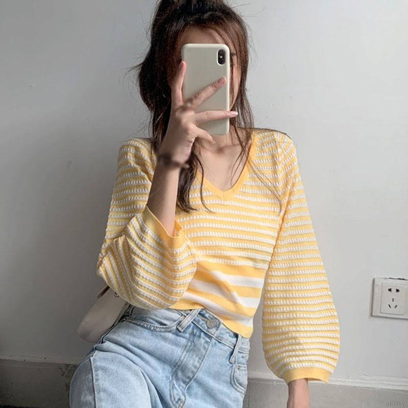 Áo Croptop Dệt Kim Tay Dài Cổ Chữ V Phong Cách Hàn Quốc