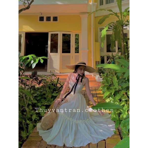 Đầm maxi xanh lá cây dây thắt bím thanh lý