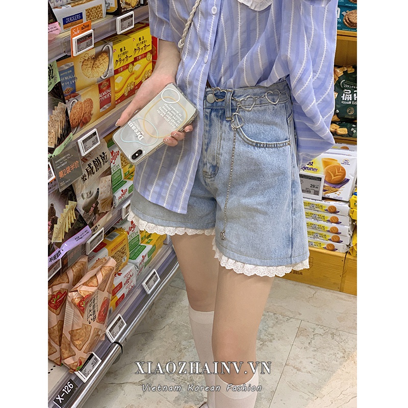 ❦♙☃Quần Short jean Lưng Cao Phối Ren Thời Trang Hàn Quốc Xinh Xắn
