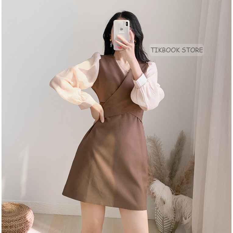 Váy Dài Tay Cổ V, Hàng Quảng Châu Cao Cấp - Tikbook Store ( Sẵn Hàng )