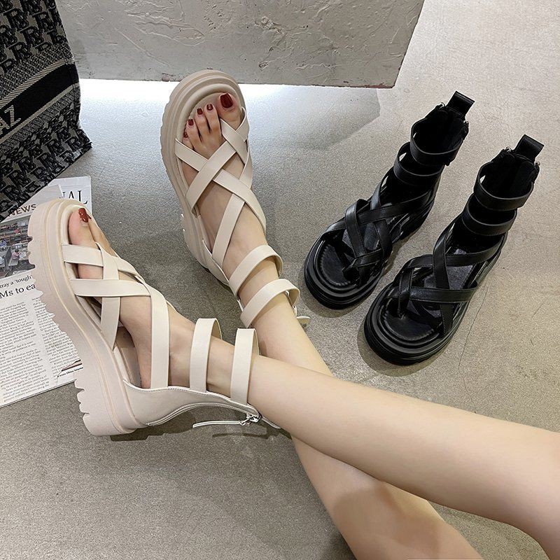 Daxianni lưới màu đỏ rỗng nữ 2021 mùa xuân và hè bánh xốp đế dày trong triều Giày La Mã bùng nổ dép