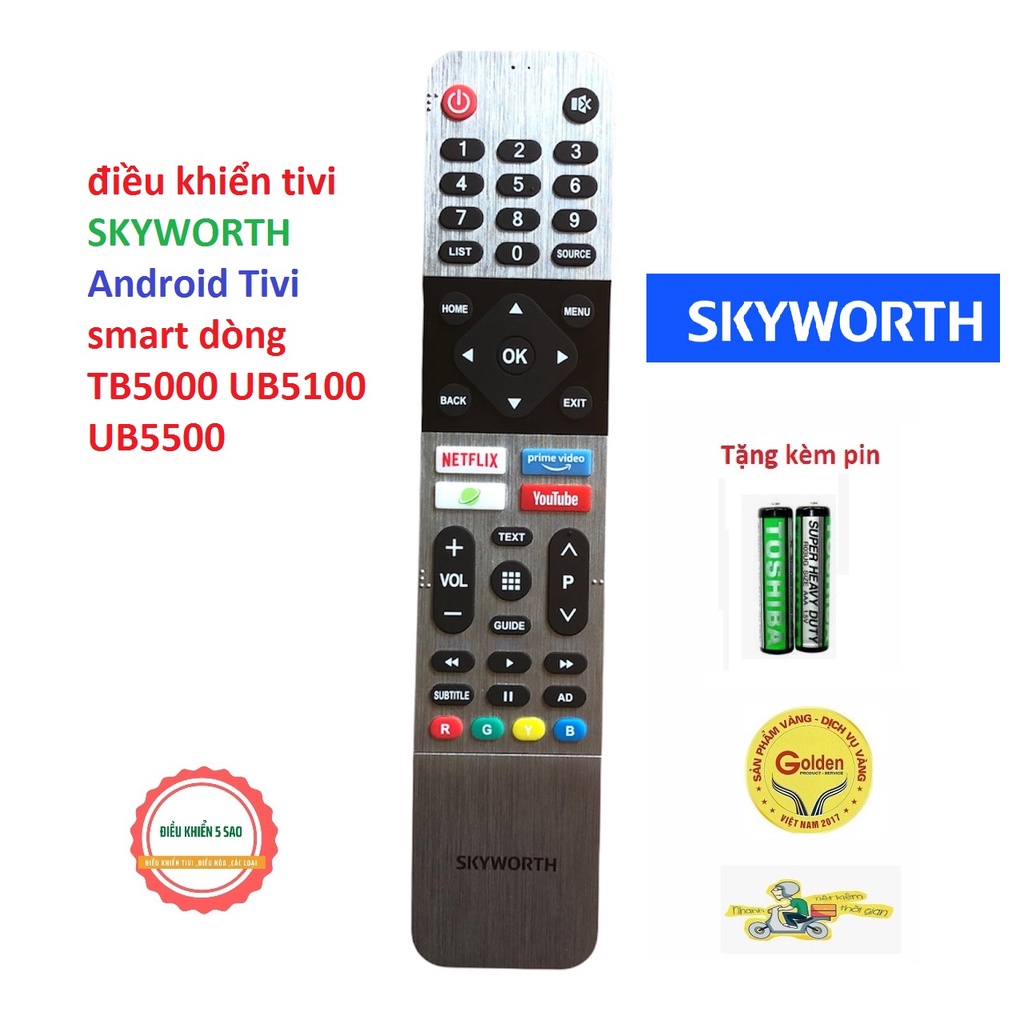 Điều khiển tivi SKYWORTH smart internet chính hãng  dòng tivi Android 4K TB5000 UB5100 UB5500 (màu trắng bạc )- Tặng pin