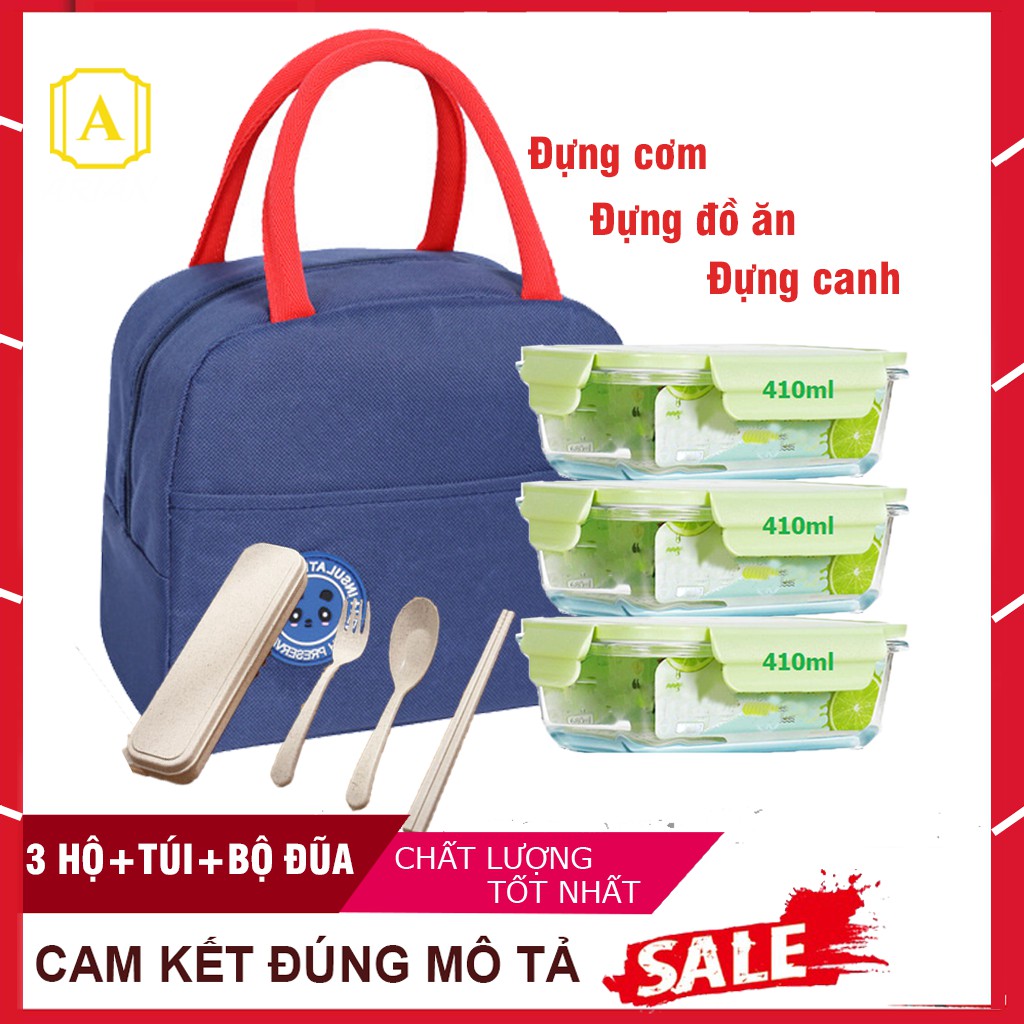 Bộ hộp cơm thủy tinh cường lực gồm 3 hộp thủy tinh 410ml không chia ngăn, Túi đựng và bộ đũa