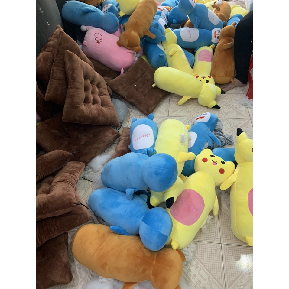 Gấu ôm Thú Nhồi Bông Cho Bé Pikachu- Thỏ - Gấu - Đoremon 60cm Chất Vải Nhung Mềm Mịn Co giãn 4 chiều