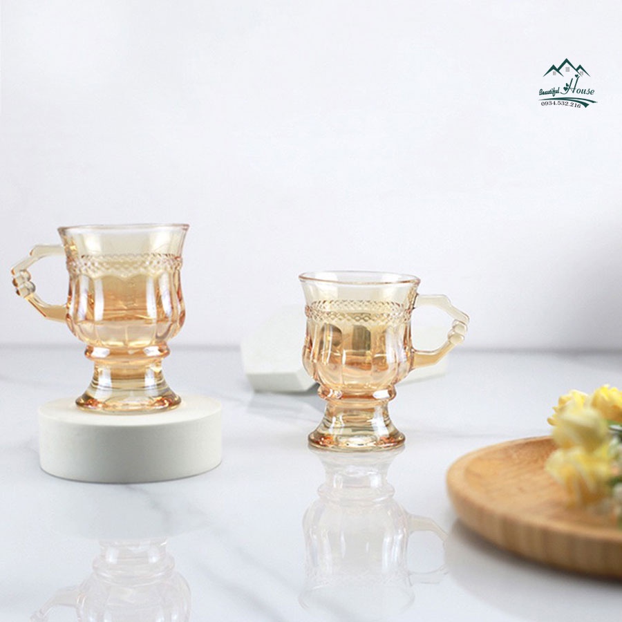 Ly Thuỷ Tinh Vintage Độc Lạ, Dễ Thương Phong Cách Châu Âu, Uống Trà, Cà Phê- Có Quai C06