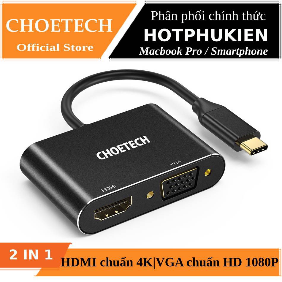 Hub chia cổng đa năng 2 in 1 Type-C ra VGA Full HD & HDMI chuẩn 4K hiệu CHOETECH M07BK dành cho Macbook Pro / Smartphone