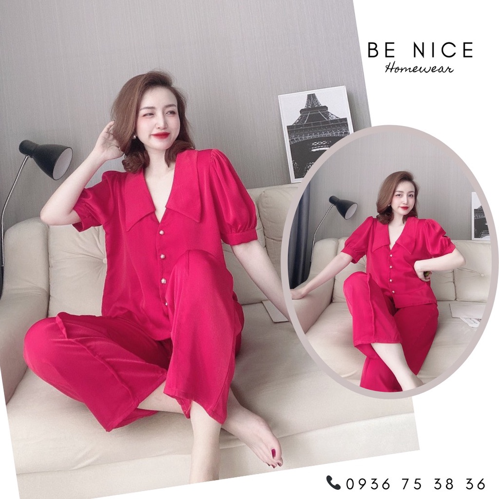 Set lụa dài cổ bẻ phối nút tay phồng xinh xắn cho nàng nhà Be Nice Homewear