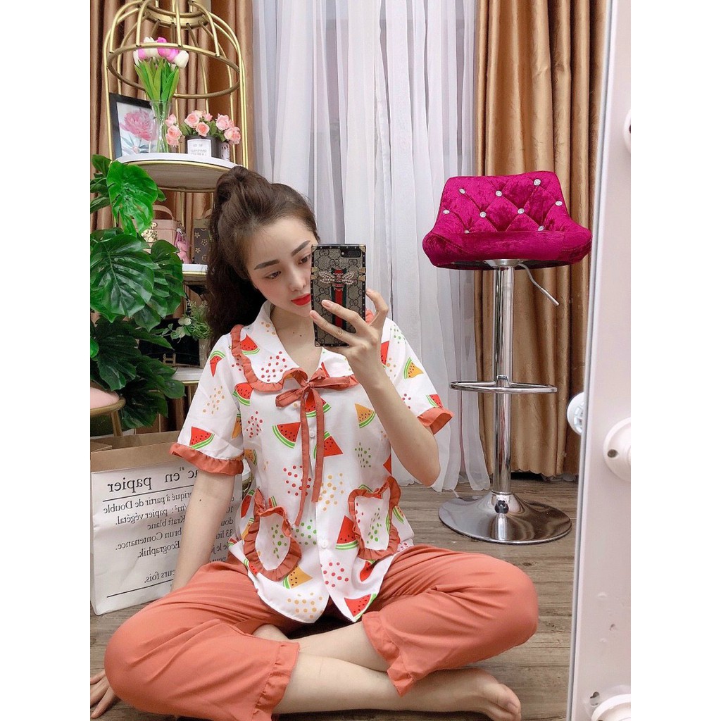 ĐỒ NGỦ PIJAMA TAY NGẮN QUẦN DÀI PHỐI BÈO BÒ SỮA XINH VẢI KATE LỤA ,FREESIZE DƯỚI 60KG