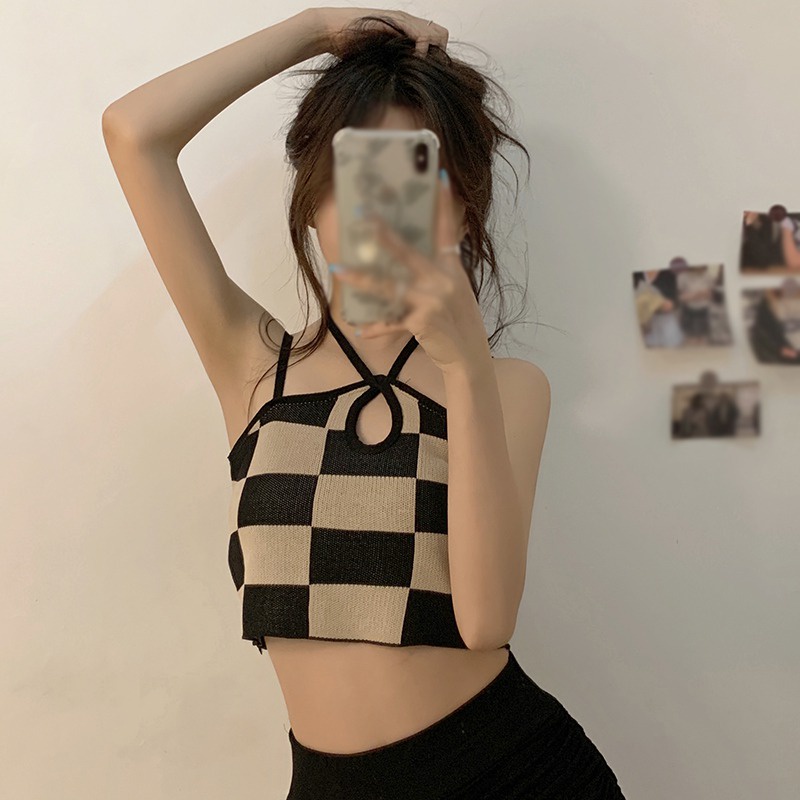 Áo Croptop Không Tay Họa Tiết Sọc Caro Phong Cách Hàn Quốc Cho Nữ