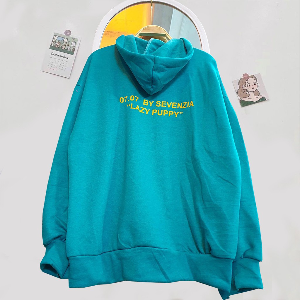 Áo Hoodie Unisex nam nữ form rộng có dây kéo, nón 2 lớp chui đầu 07.07 BY SENVENZIA LAZY PUPPY Ulzzang-Xanh Thiên Thanh