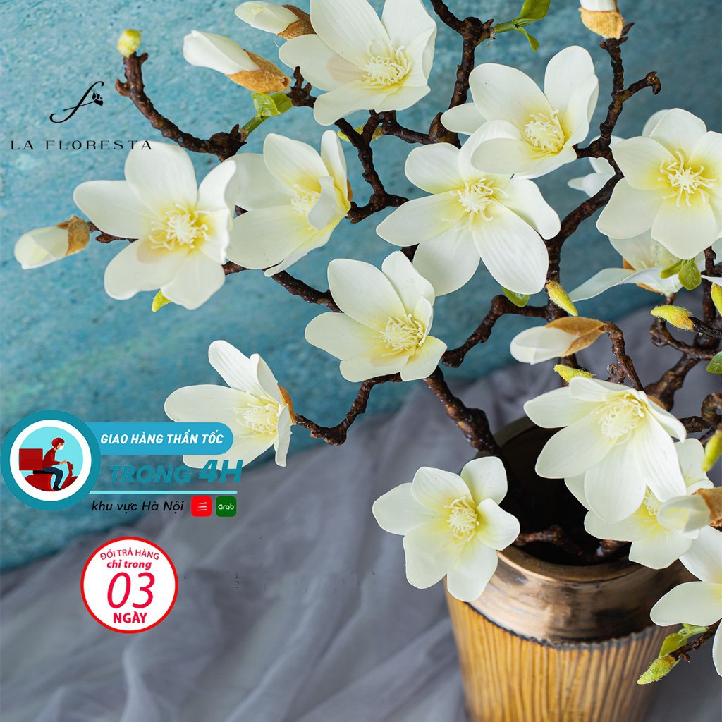 Cành hoa Mộc Lan 4 bông 2 nhánh giả bằng vải lụa cao cấp, dùng để trang trí nhà cửa, phù hợp cắm bình gốm, lọ thuỷ tinh