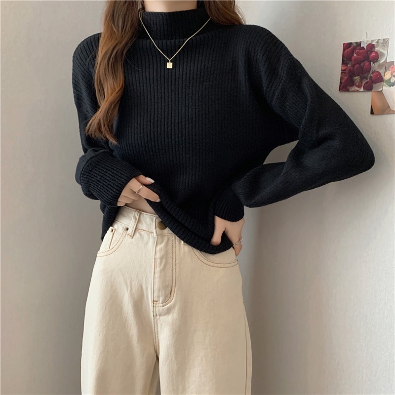 Áo dệt kim tay dài cổ cao giản đơn phong cách Hàn thanh lịch dễ phối đồ