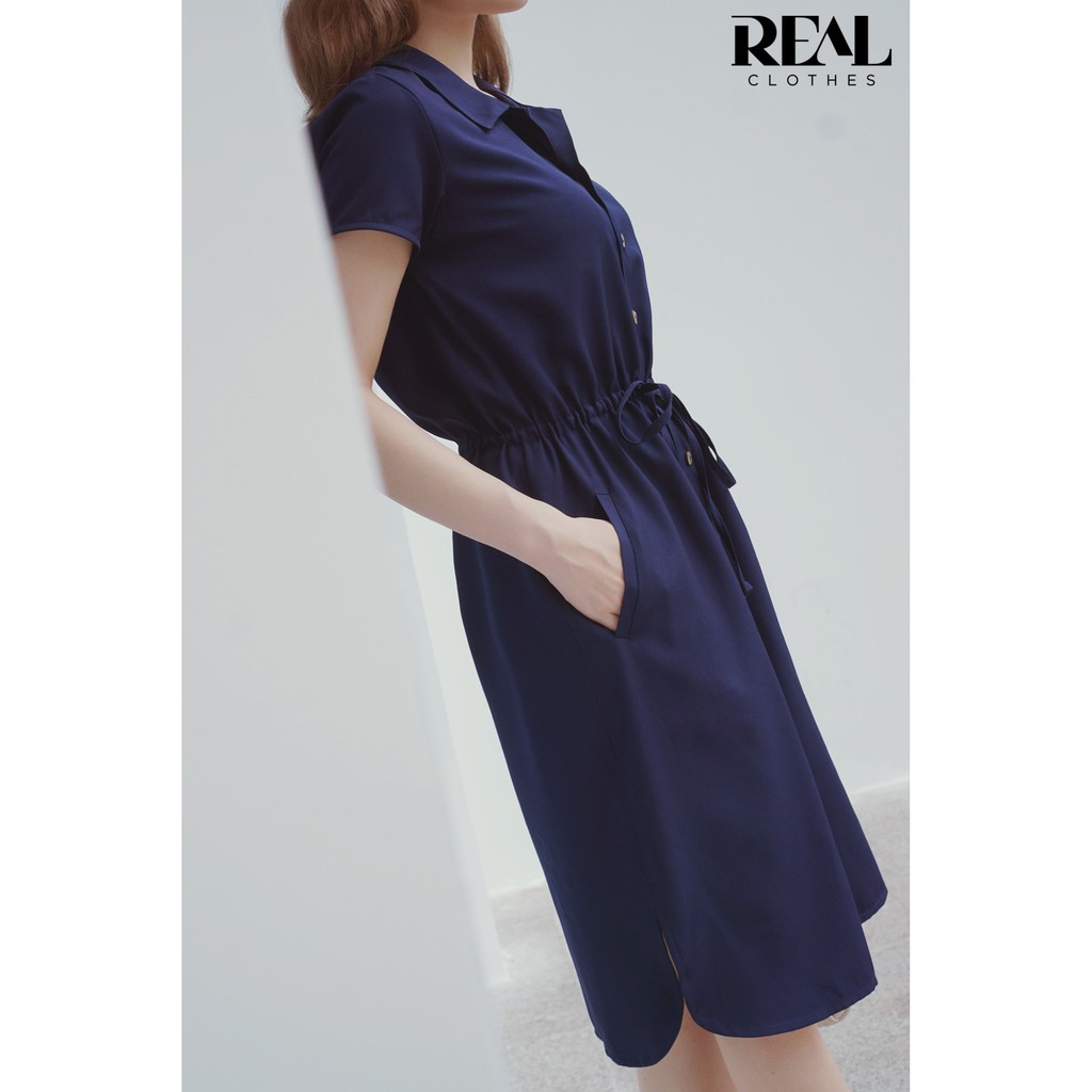Đầm sơ mi rút dây xanh navy_REAL