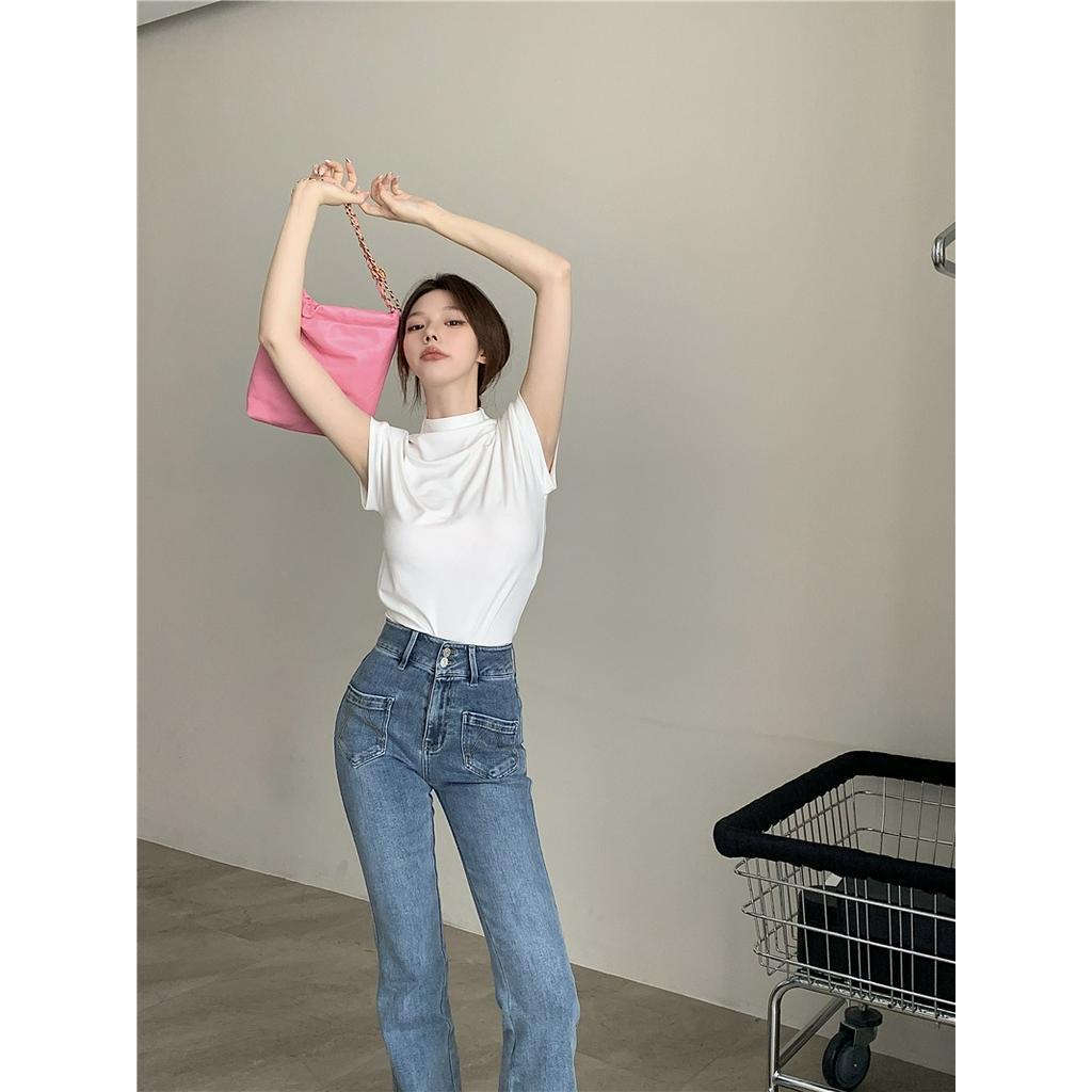 Áo Thun Ngắn Tay Cổ Cao Ôm Dáng Thời Trang Dành Cho Nữ