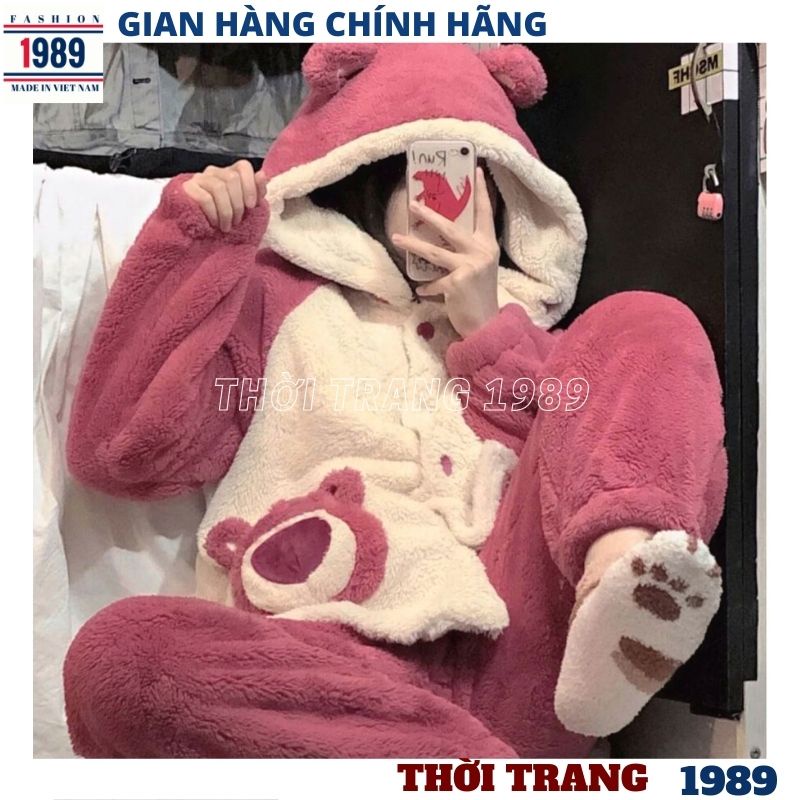 Bộ ngủ lông gấu phối đỏ mận siêu kute dễ thương ulzzang ,bộ đồ mặc nhà xinh sắn ấm áp mùa đông -PHƯƠNG 1989