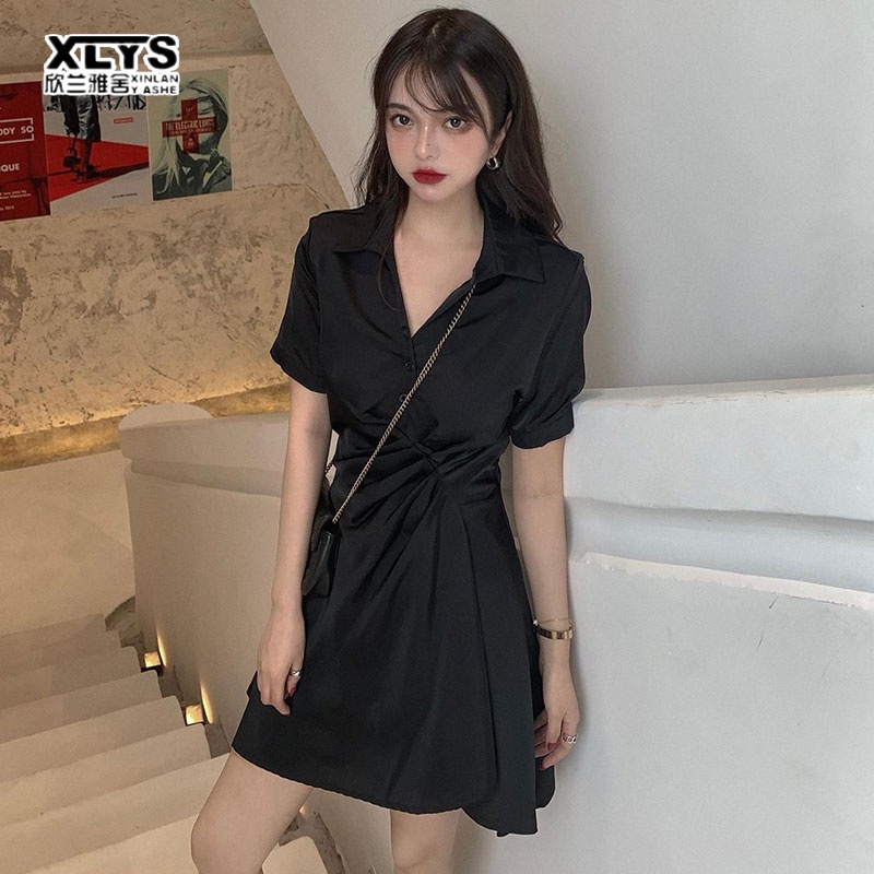 Đầm XINLANYASHE ôm cổ chữ v tay ngắn màu đen quyến rũ thời trang cho nữ