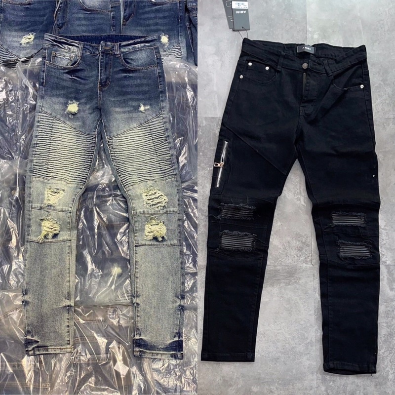 Quần jeans nam xanh rách gối cao cấp - Quần balmans khoá vá da cao cấp