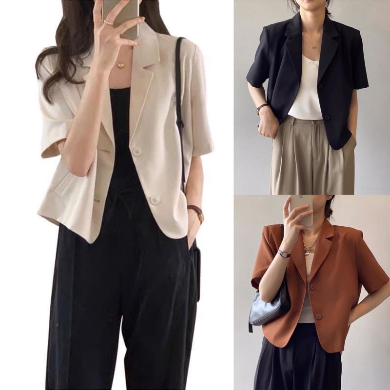 Áo vest nữ croptop ngắn tay có độn vai thanh lịch 4 màu sang chảnh phong cách Hàn Quốc