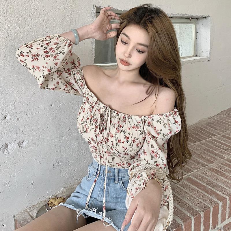 Áo Chiffon Tay Dài Cổ Vuông Họa Tiết Hoa Phong Cách Retro | BigBuy360 - bigbuy360.vn