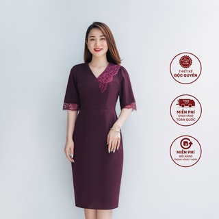 Đầm body thiết kế trung niên Cổ tim phối ren tay lỡ màu Đỏ mận TTV1092
