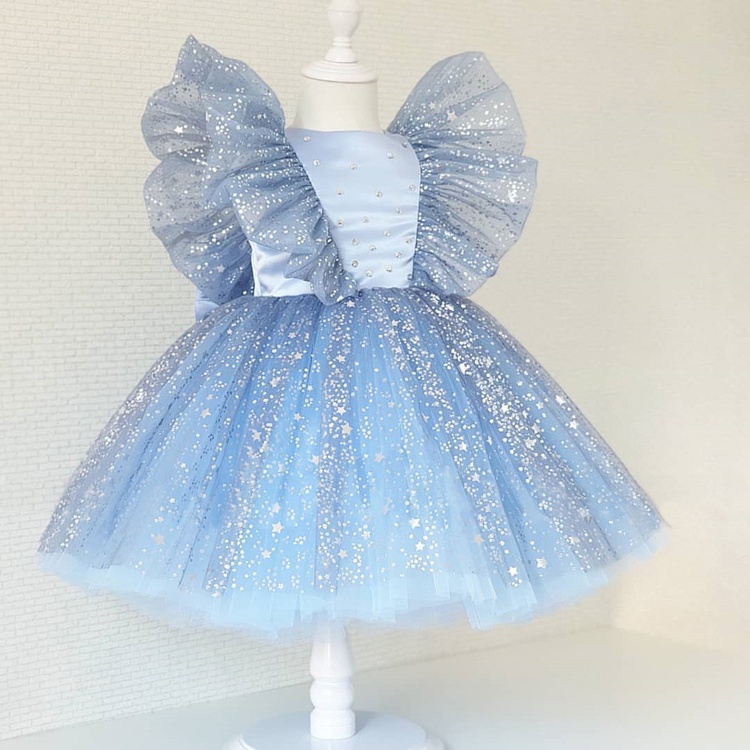 Đầm Công Chúa Tay Lưới Đính Kim Sa Lấp Lánh 1st Cho Bé Gái