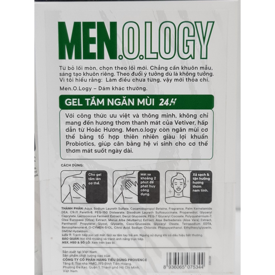 Sữa Tắm Dạng Gel Cho Nam Ngăn Mùi 24h MEN.O.LOGY 350ml