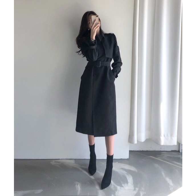 Áo khoác dáng dài khaki xẻ sau