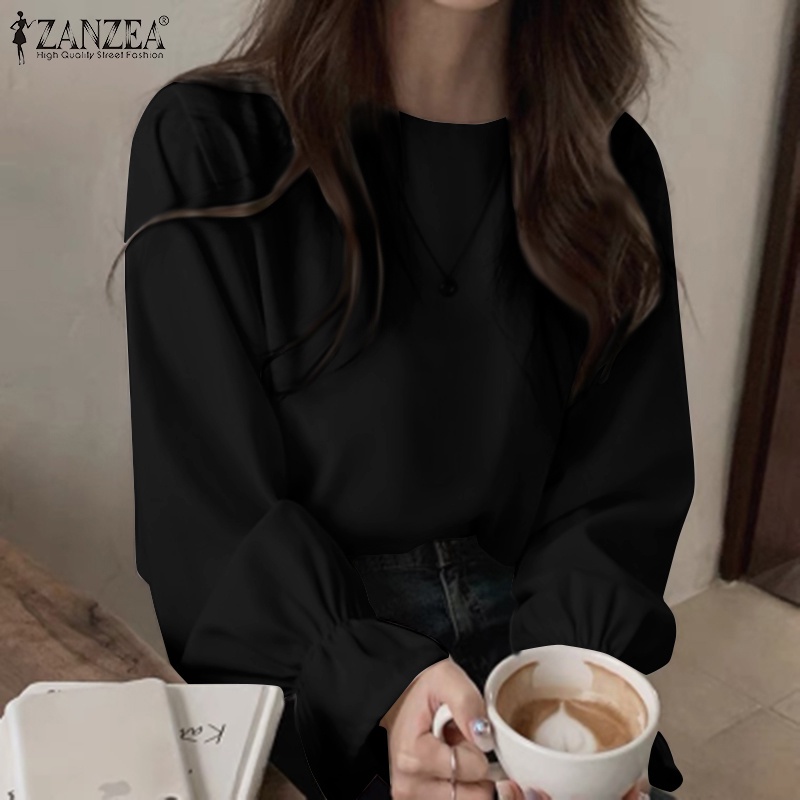 Áo ZANZEA màu trơn tay dài phồng cổ tròn phối nút mặt sau thời trang cho nữ