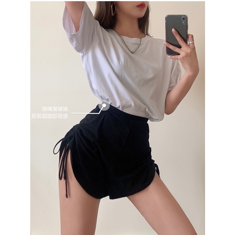 Happy-store ❤️ Quần Short Thể Thao Lưng Cao Màu Trơn Phối Dây Rút Thời Trang Hàn Quốc Cho Nữ Happy store