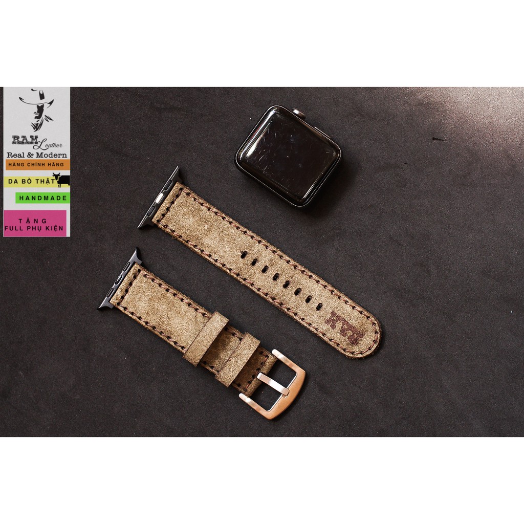 Dây đồng hồ Apple Watch , Iwatch Da Bò Lộn Xanh RAM Leather Bauhaus Bền Đẹp