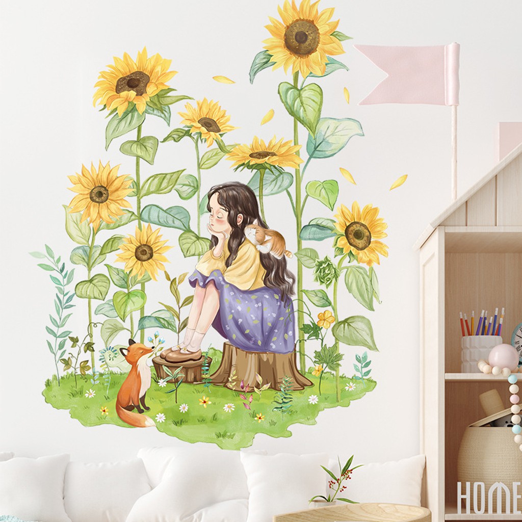 Decal dán tường phòng ngủ, phòng khách phong cách Hàn Quốc Mẫu Cô gái ngắm hoa C34